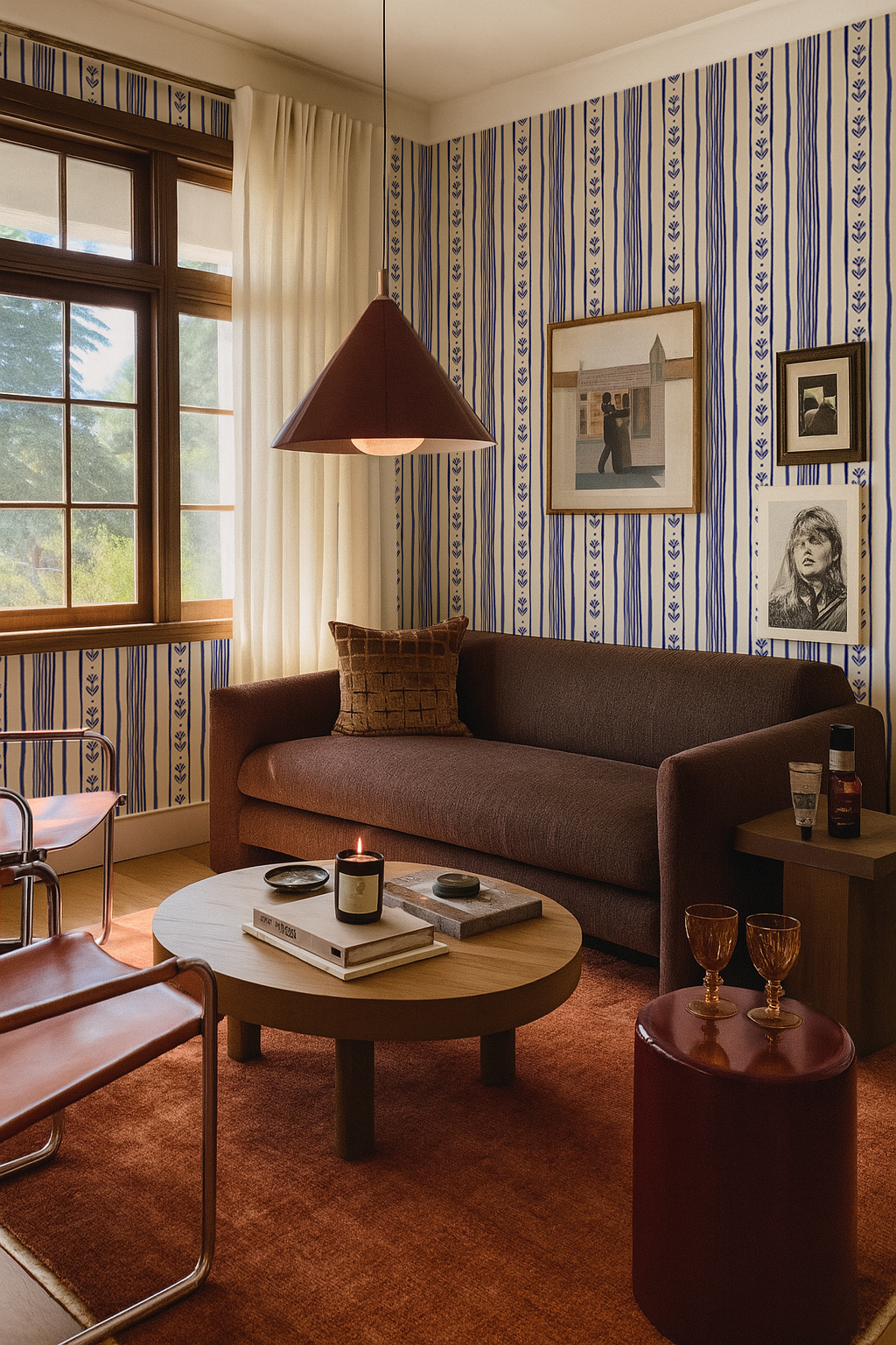 Daisy Chain Stripe Wallpaper, beige and blue