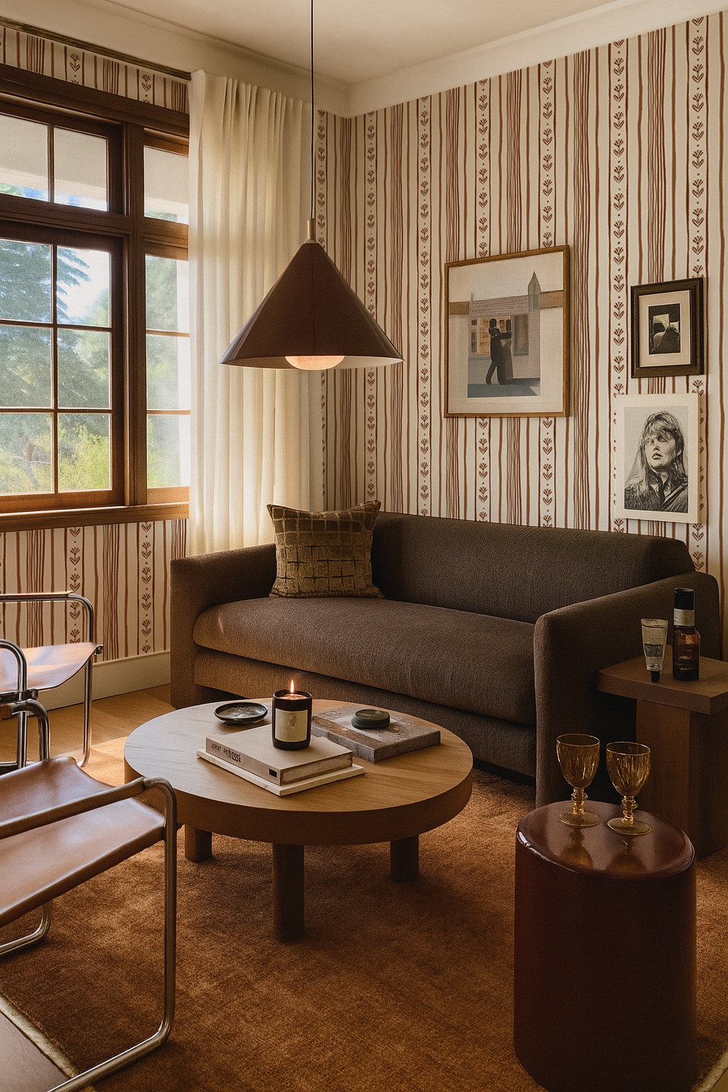 Daisy Chain Stripe Wallpaper, beige and brown