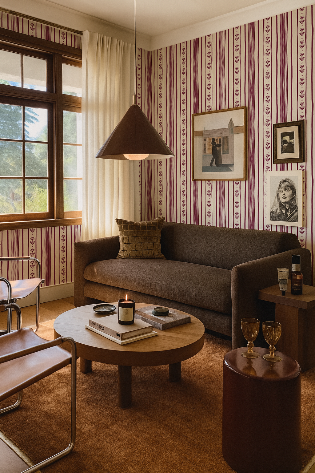 Daisy Chain Stripe Wallpaper, beige and eggplant purple