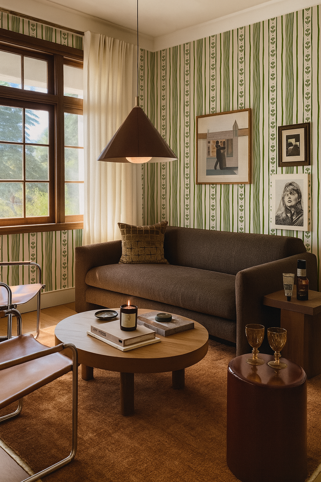 Daisy Chain Stripe Wallpaper, beige and green