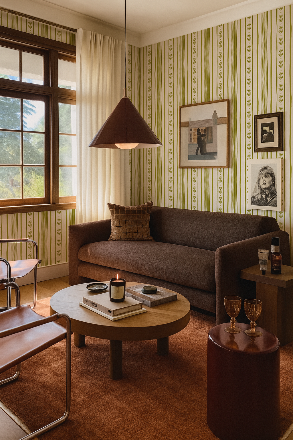 Daisy Chain Stripe Wallpaper, beige and chartreuse green