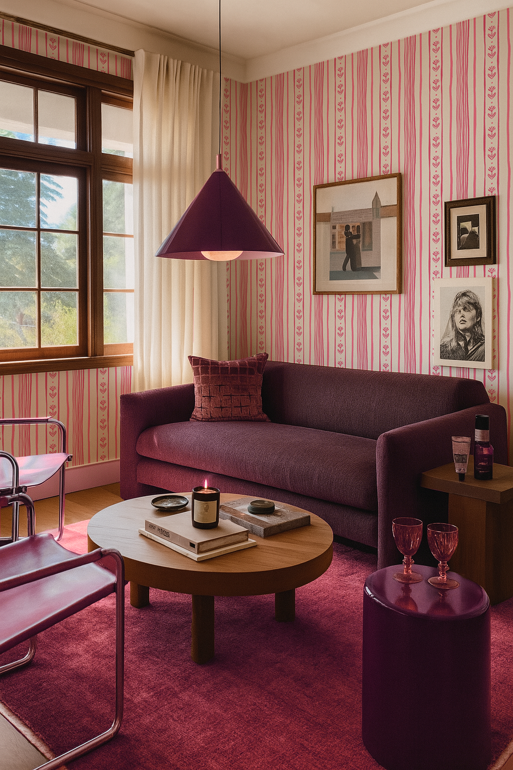 Daisy Chain Stripe Wallpaper, beige and pink