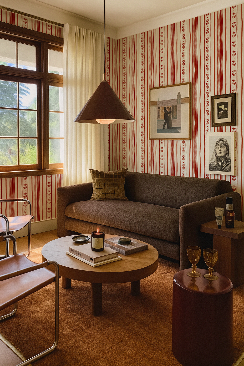 Daisy Chain Stripe Wallpaper, beige and brick red