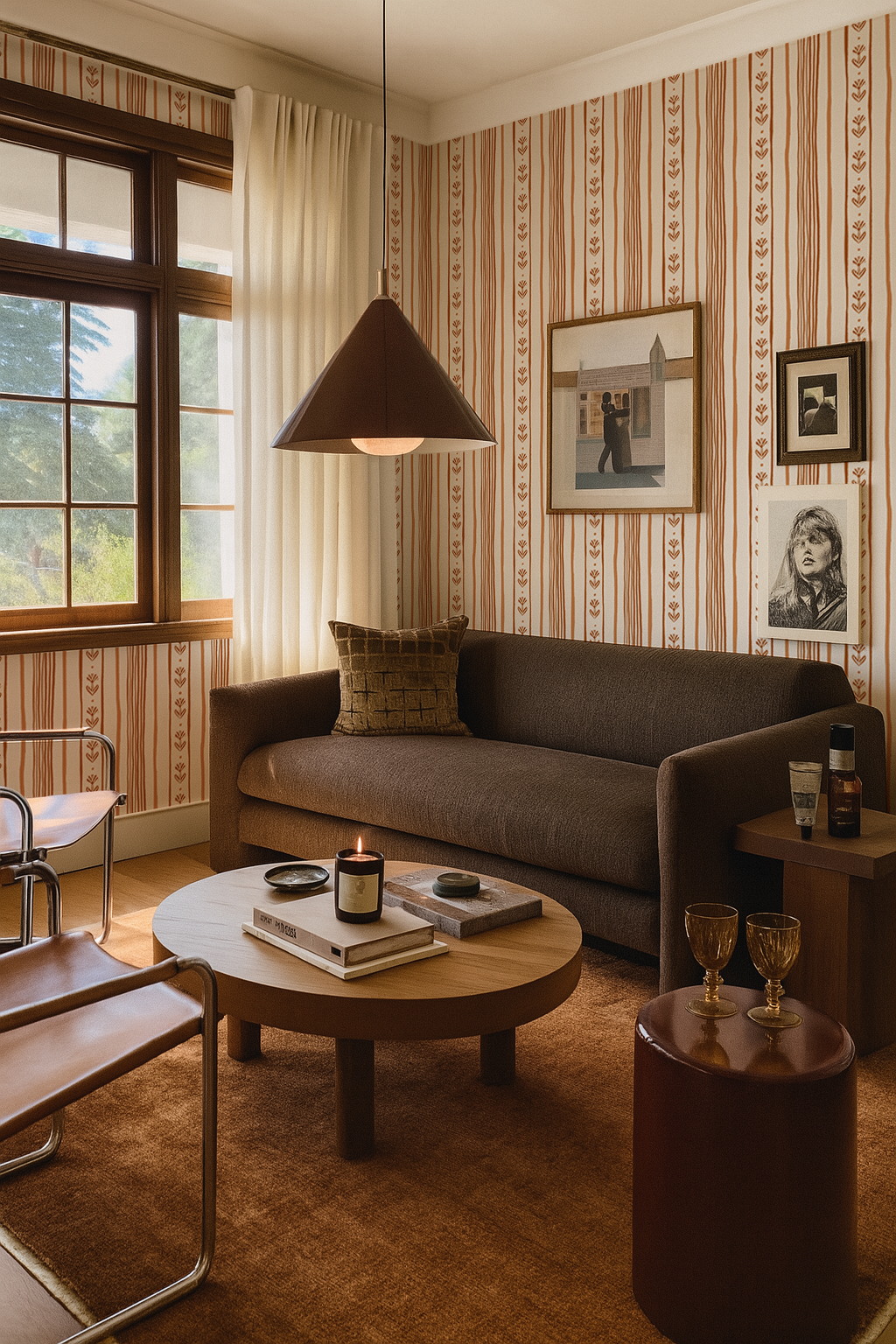 Daisy Chain Stripe Wallpaper, beige and terra cotta