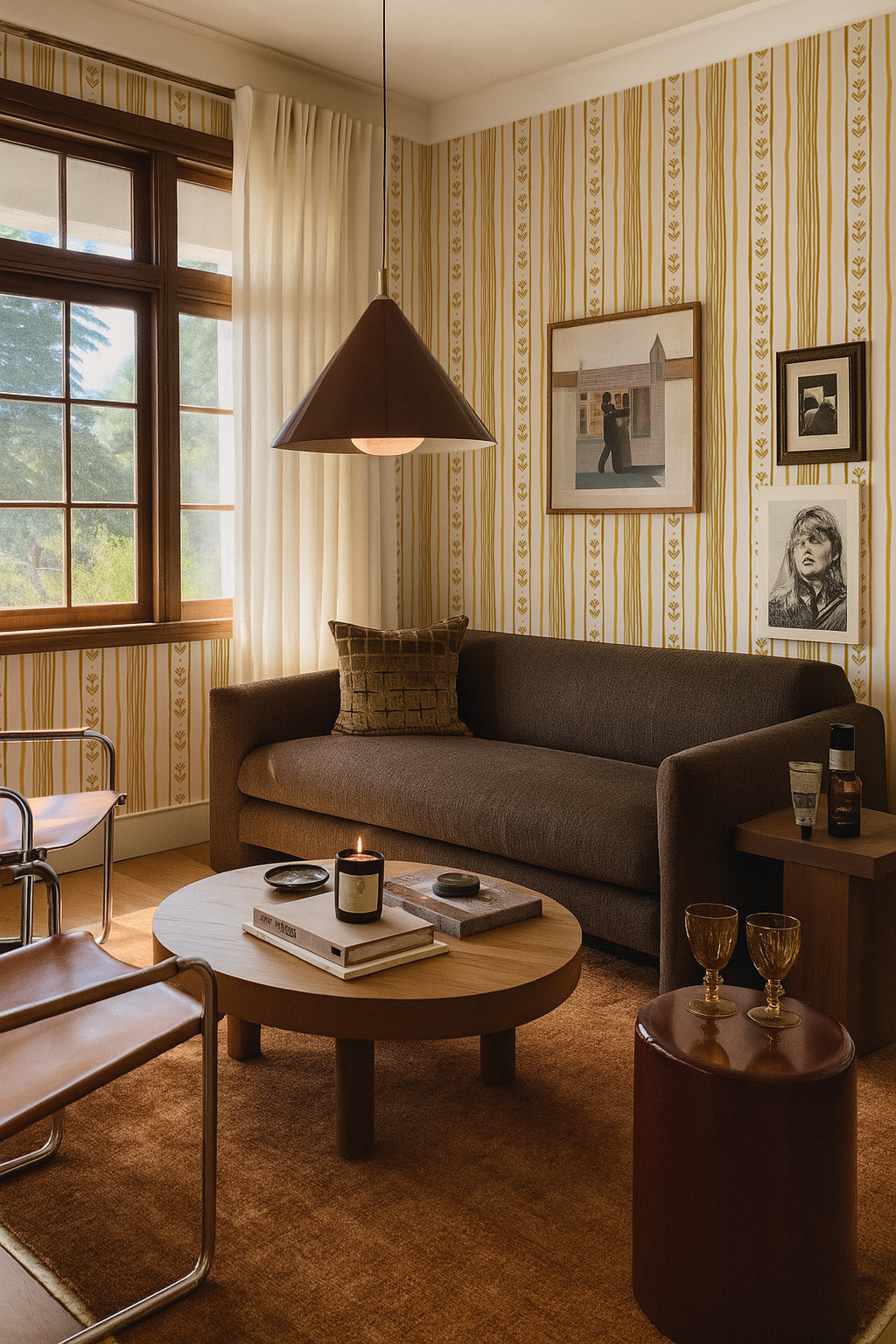 Daisy Chain Stripe Wallpaper, beige and yellow