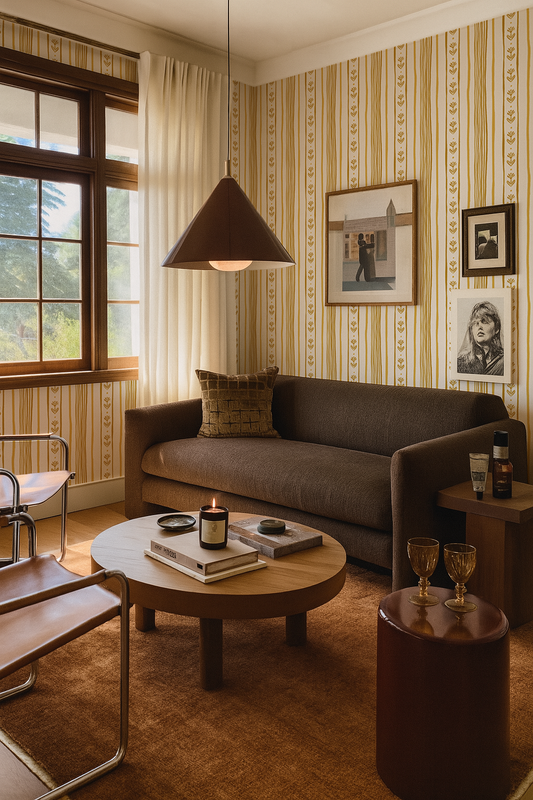 Daisy Chain Stripe Wallpaper, beige and yellow