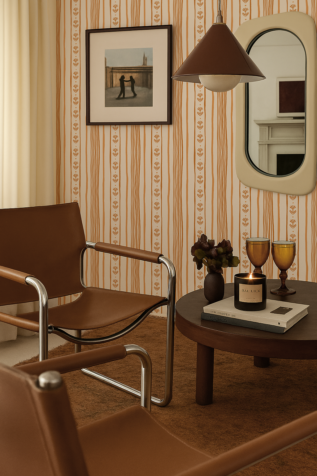 Daisy Chain Stripe Wallpaper, beige, apricot and orange