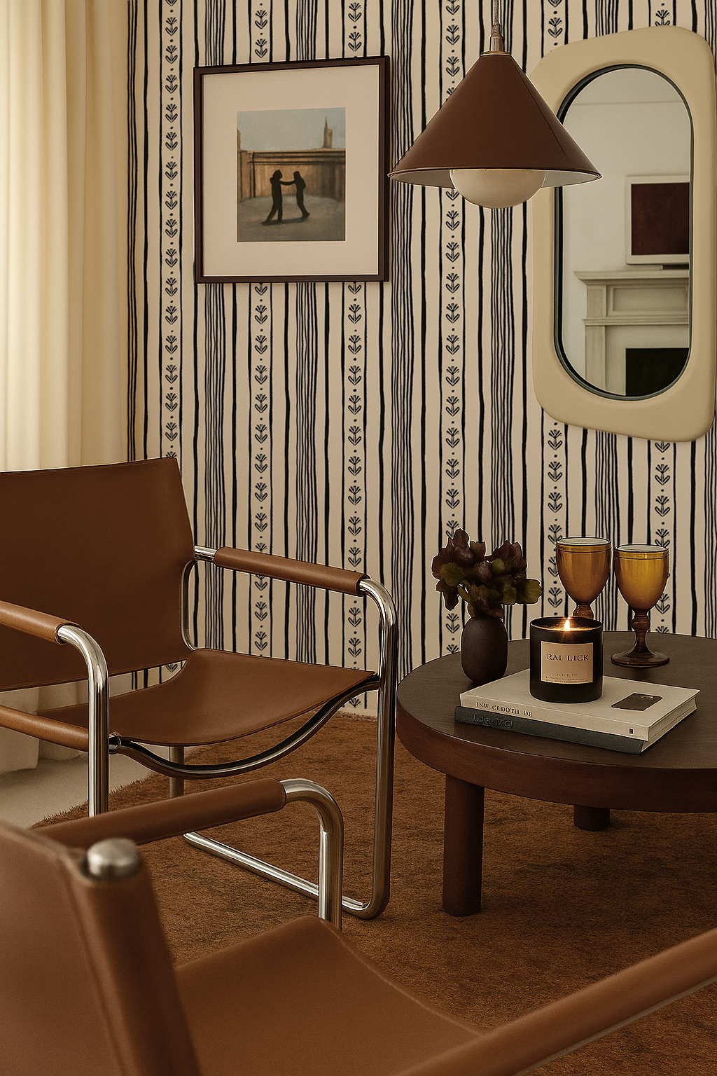 Daisy Chain Stripe Wallpaper, beige and black