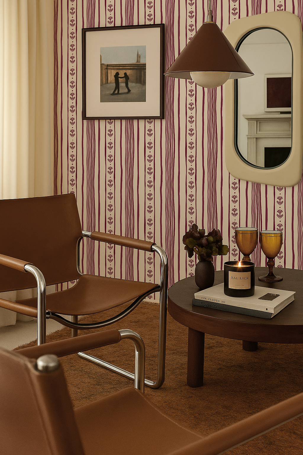 Daisy Chain Stripe Wallpaper, beige and eggplant purple