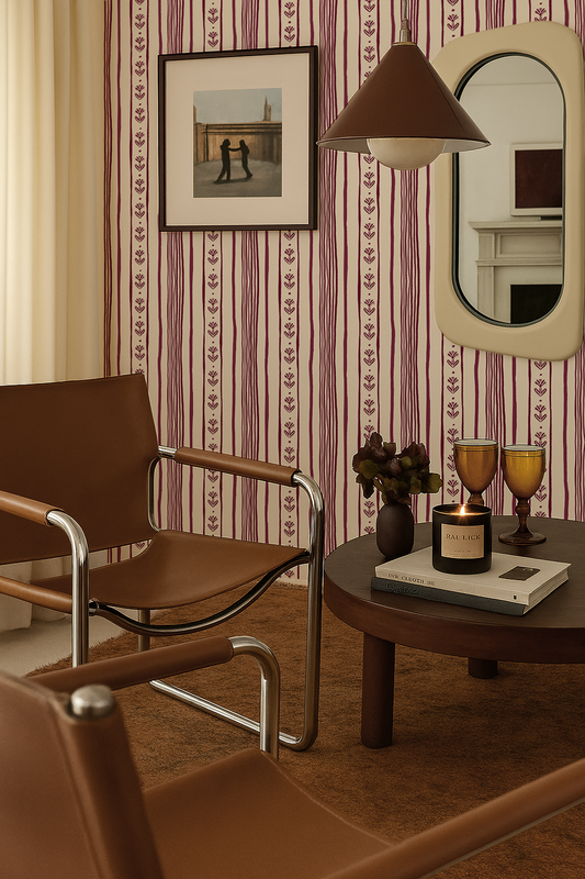 Daisy Chain Stripe Wallpaper, beige and eggplant purple