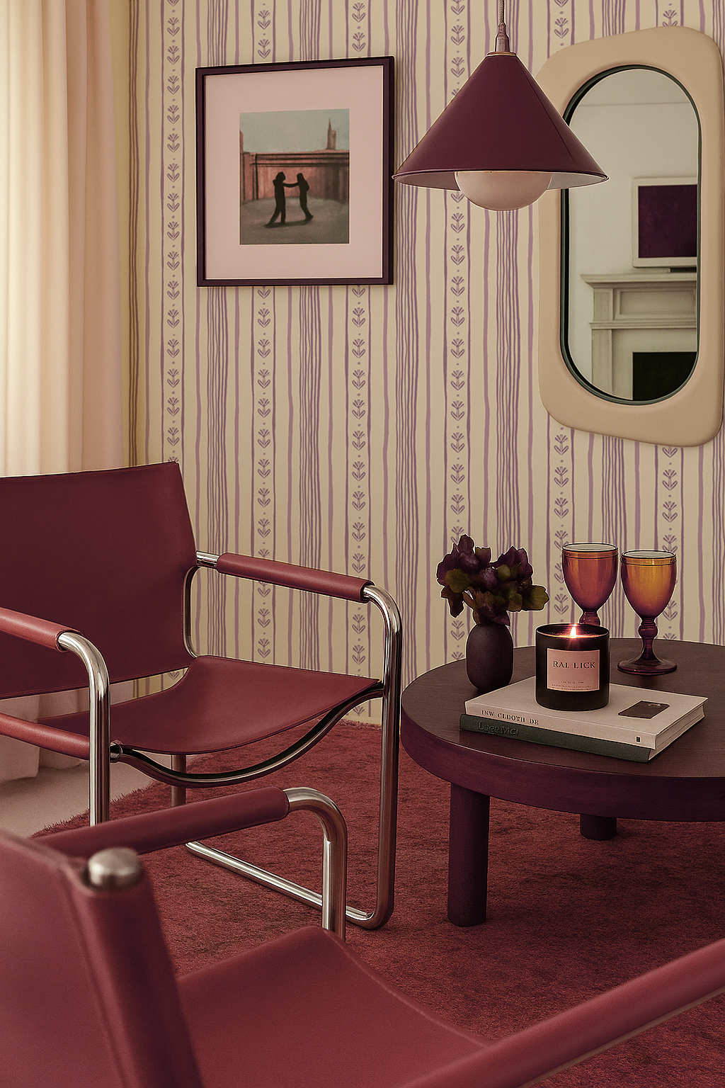 Daisy Chain Stripe Wallpaper, beige and lavender