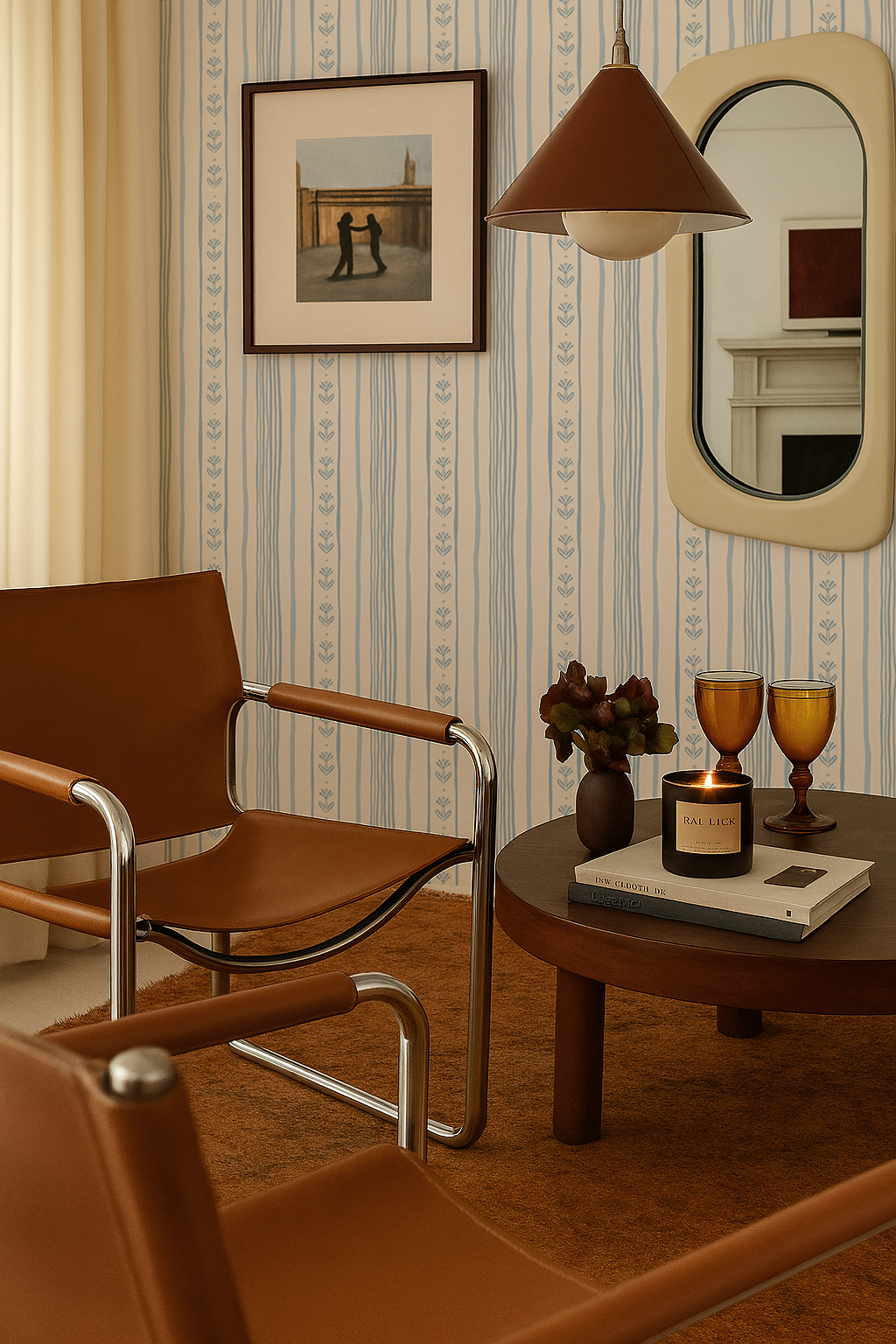 Daisy Chain Stripe Wallpaper, beige and light blue