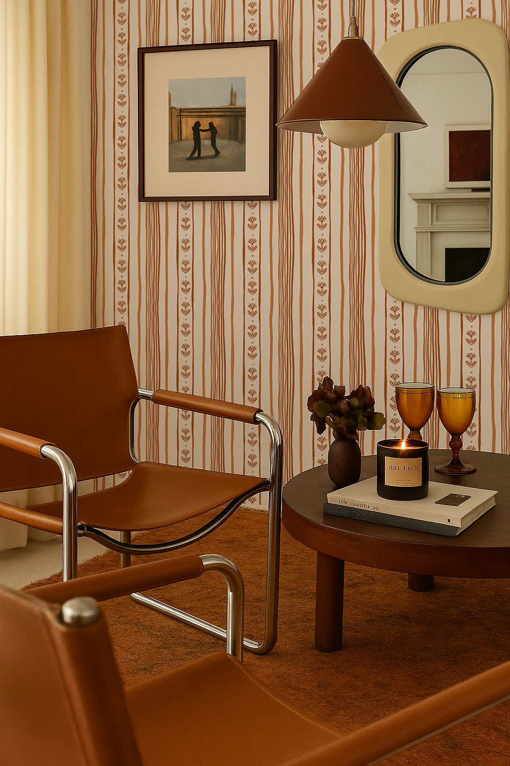 Daisy Chain Stripe Wallpaper, beige and terra cotta