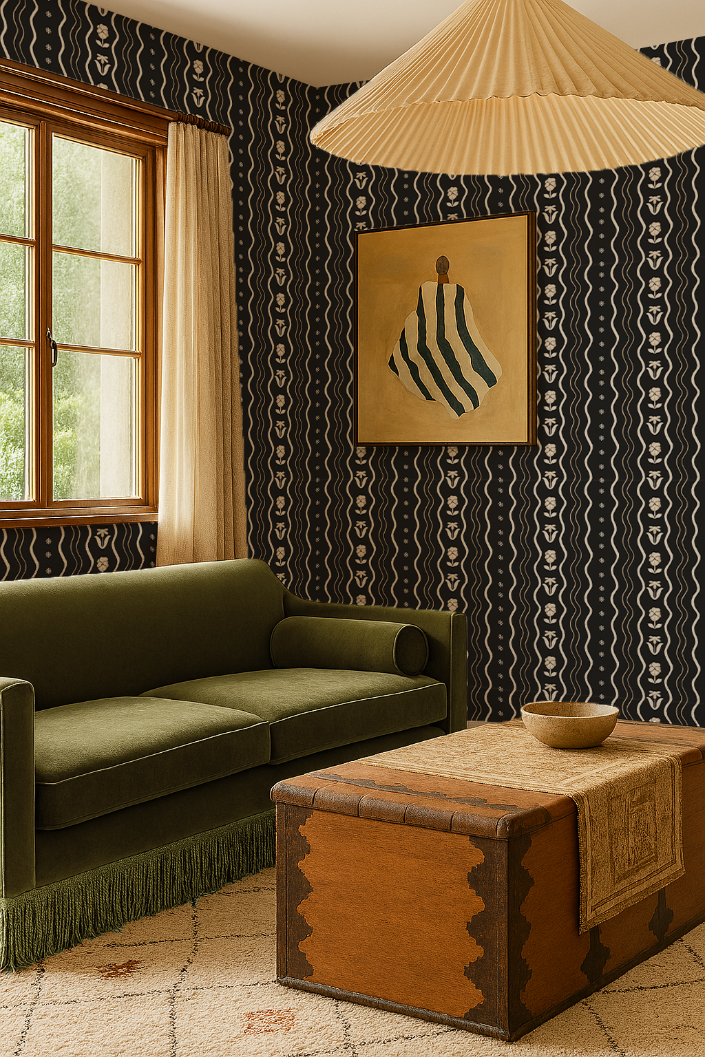 Posy Lane Stripe Wallpaper, black and neutral