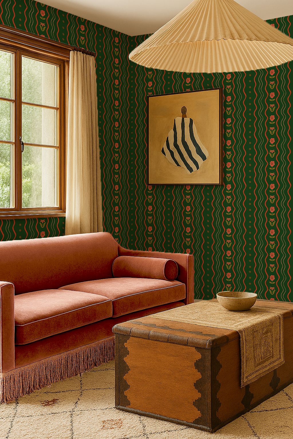 Posy Lane Stripe Wallpaper, dark green and poppy red