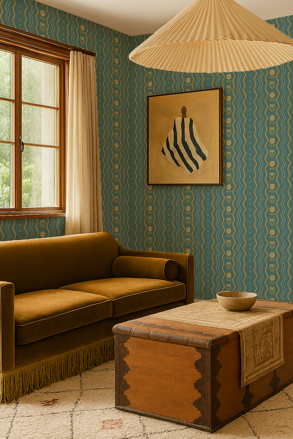 Posy Lane Stripe Wallpaper, blue and yellow