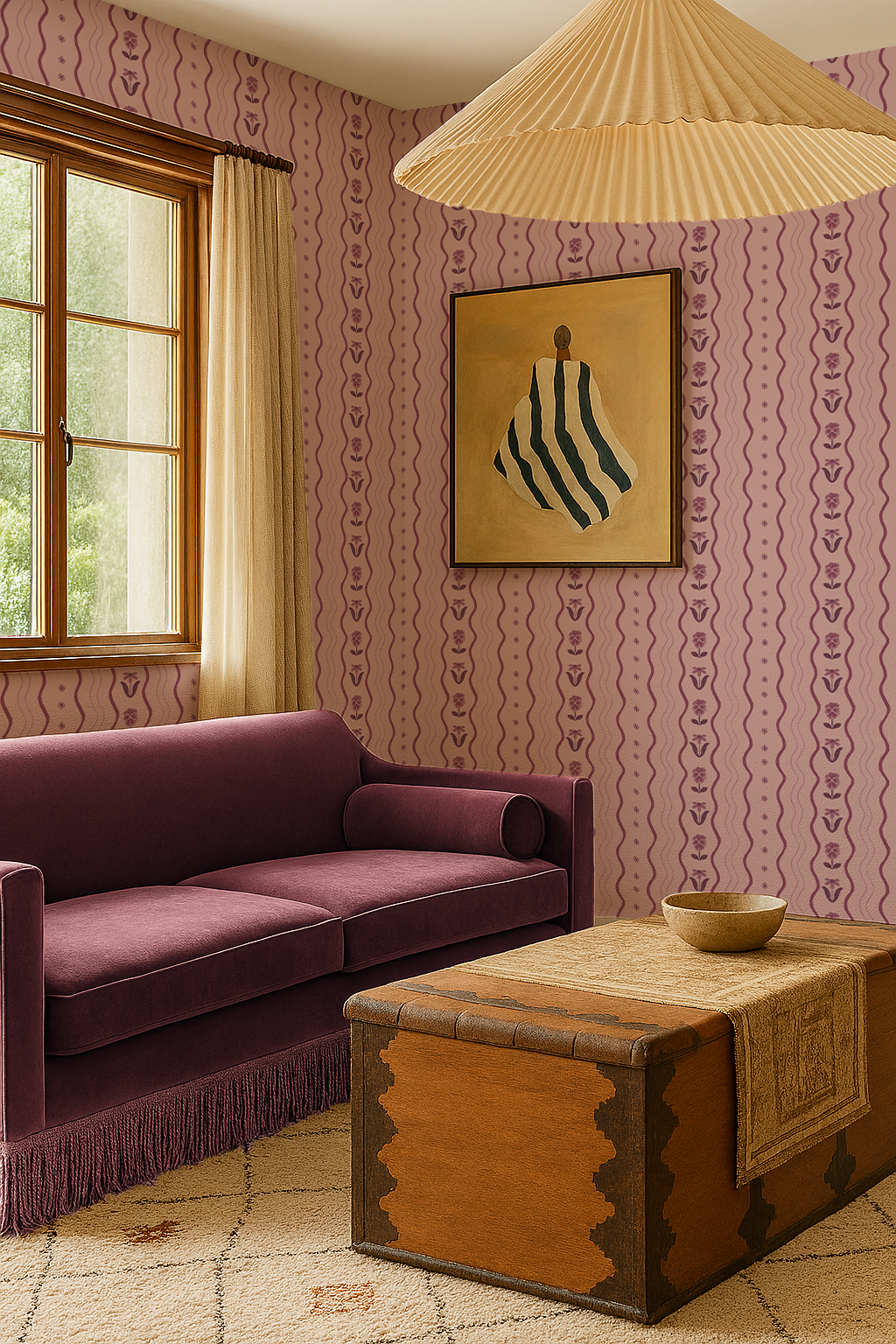 Posy Lane Stripe Wallpaper, lilac and plum