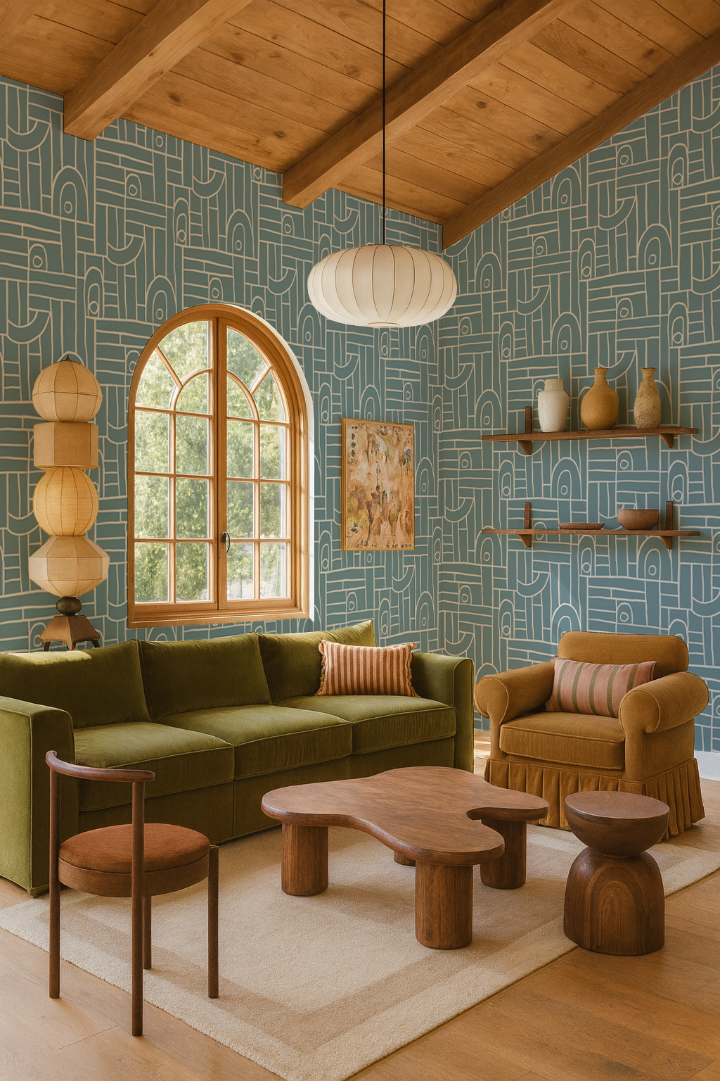 Deco Tile Wallpaper, dusty blue and white