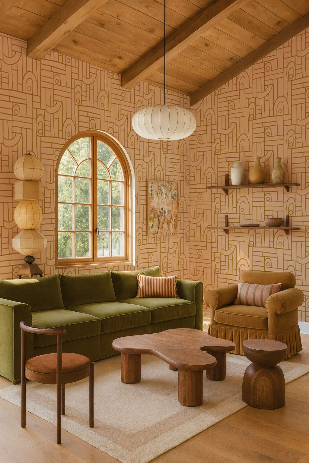 Deco Tile Wallpaper, peach and mustard