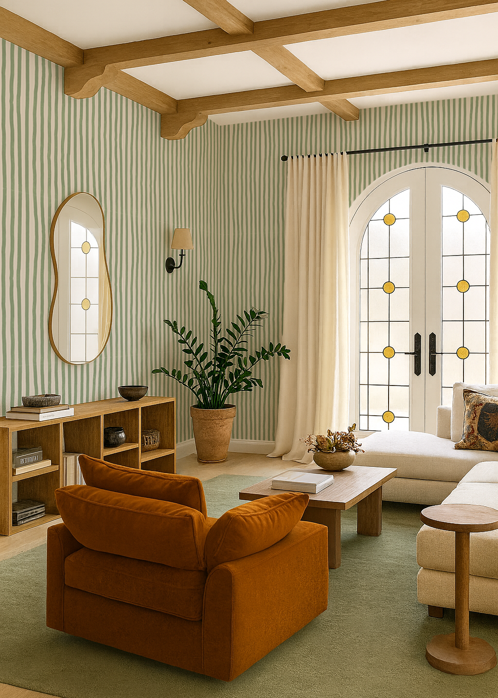 Dolce Stripe Wallpaper, off-white and sage