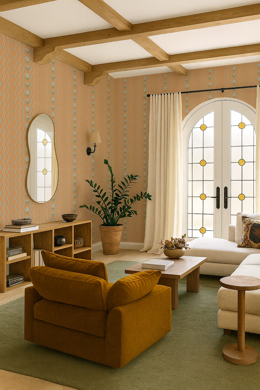 Posy Lane Stripe Wallpaper, apricot and light blue