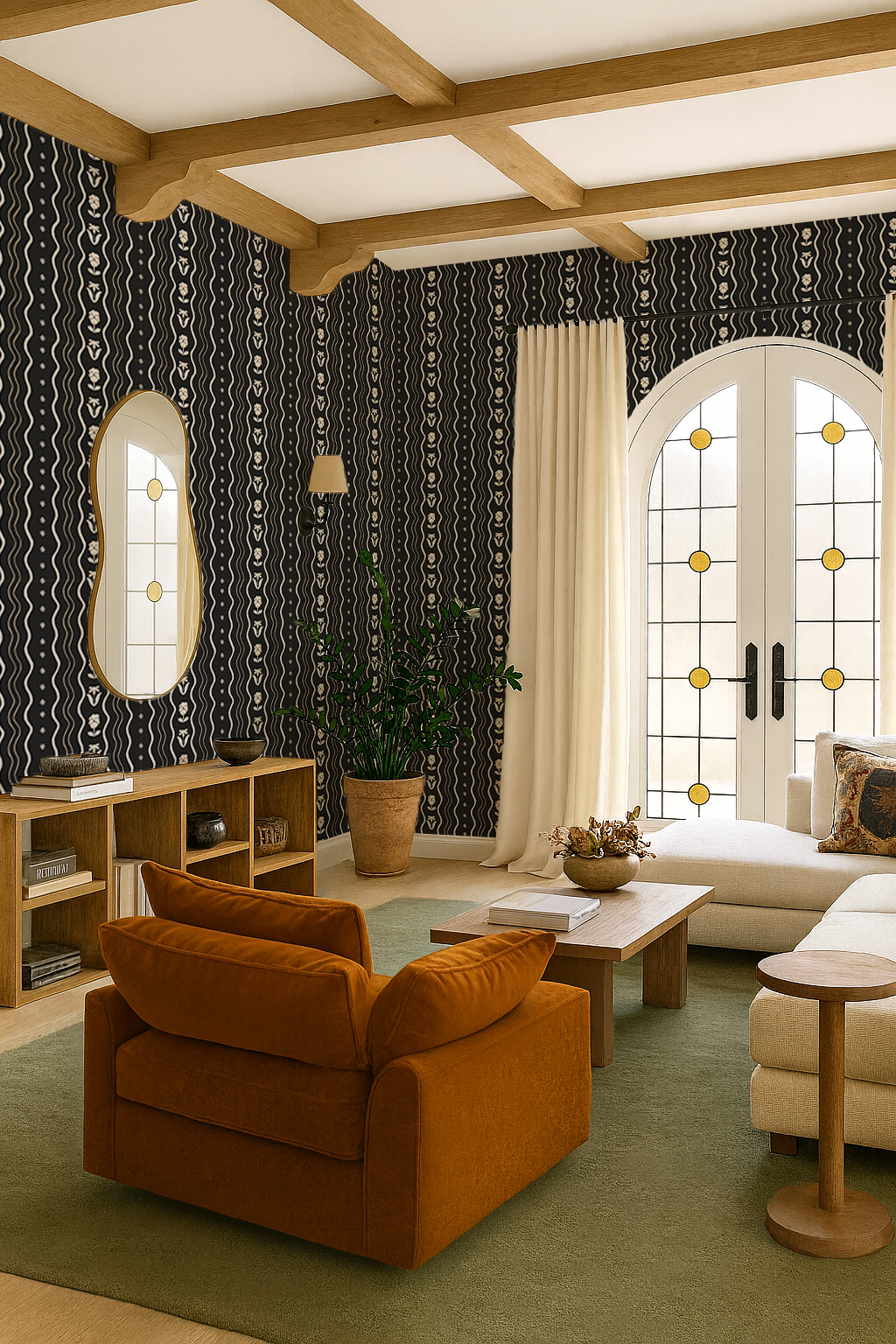 Posy Lane Stripe Wallpaper, black and neutral