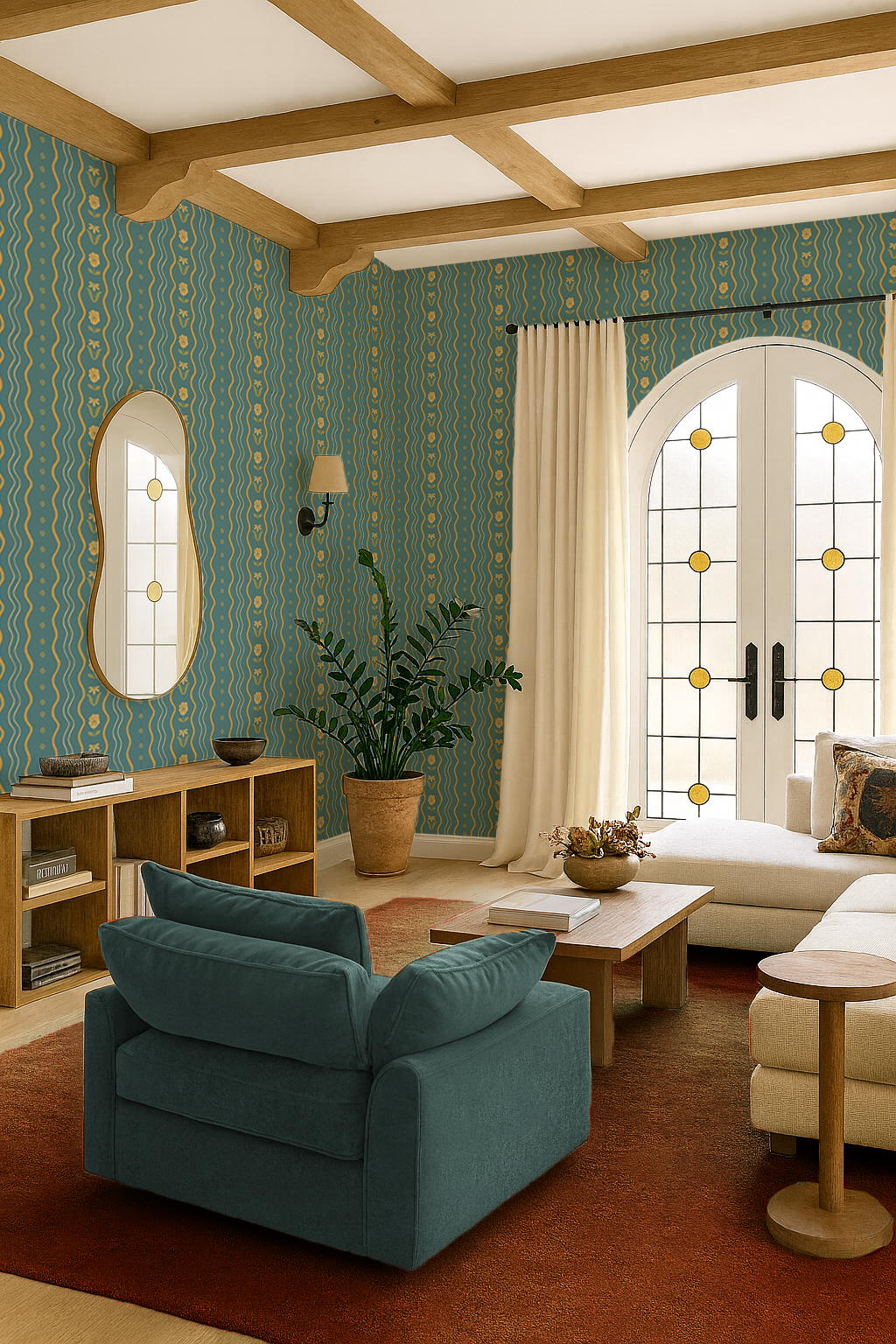 Posy Lane Stripe Wallpaper, blue and yellow