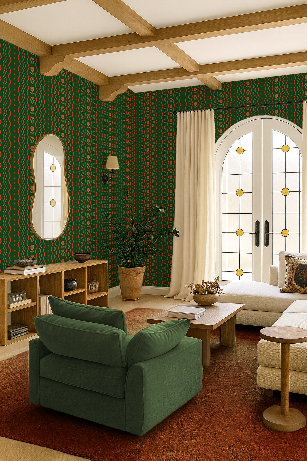 Posy Lane Stripe Wallpaper, dark green and poppy red