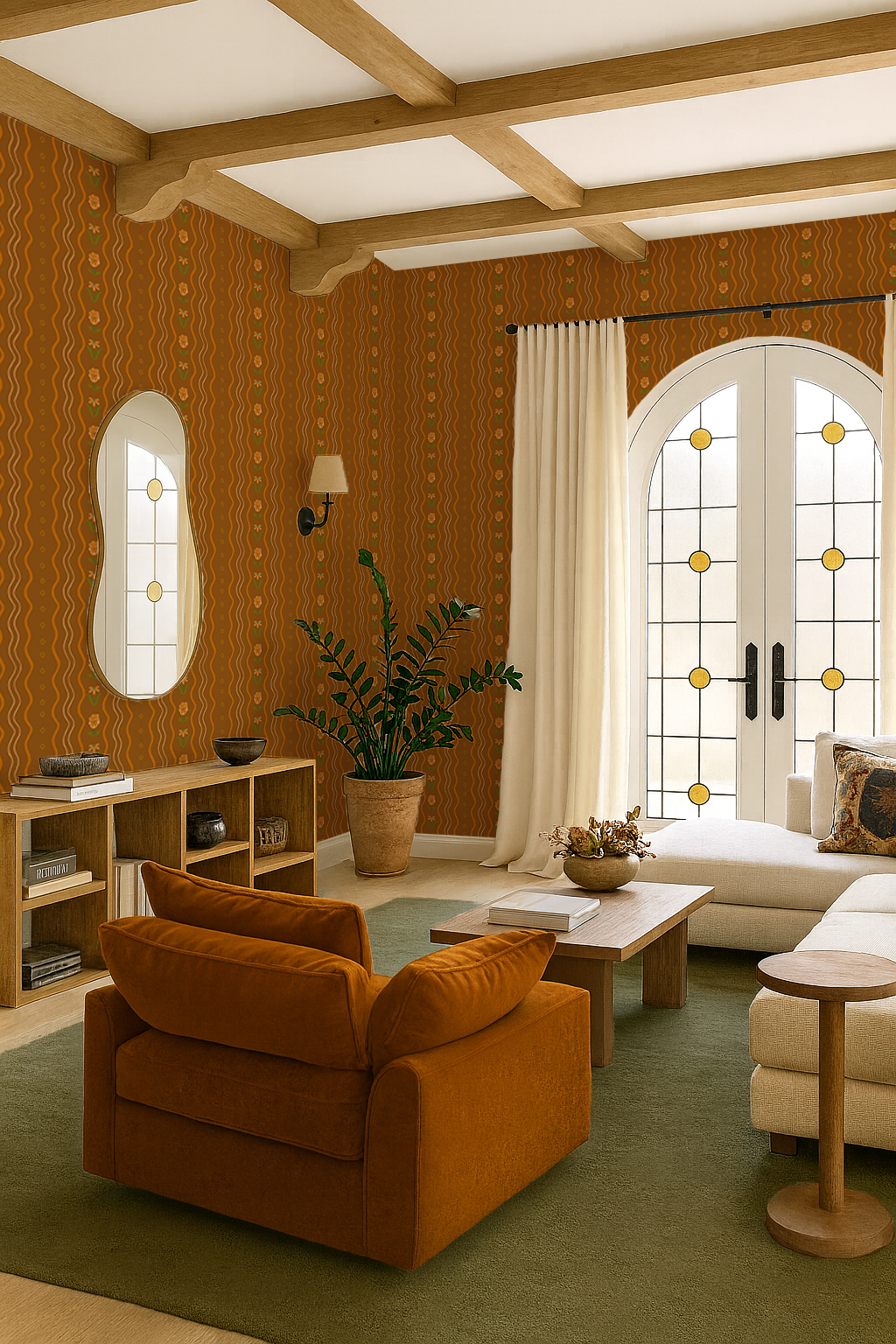 Posy Lane Stripe Wallpaper, golden brown and orange