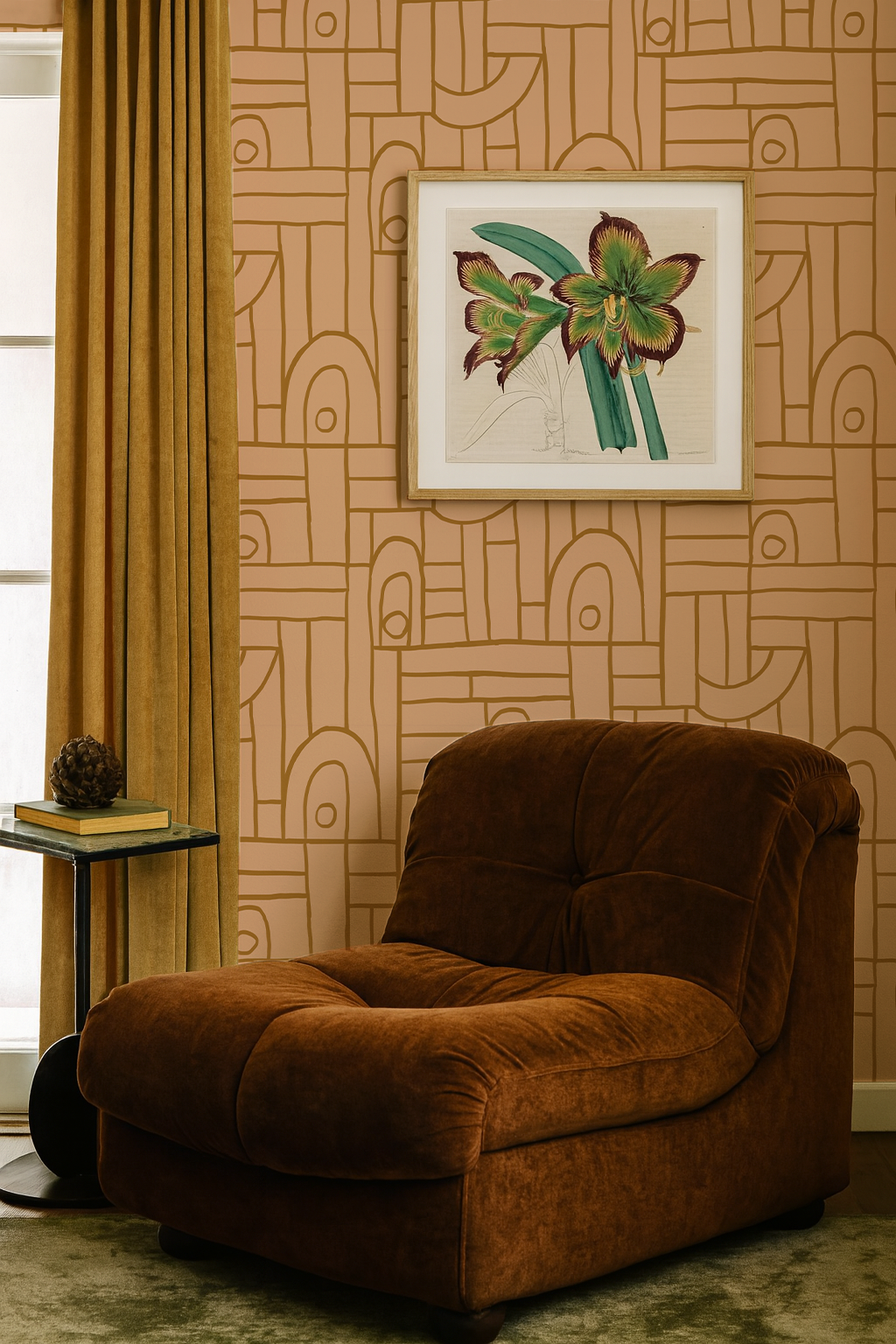 Deco Tile Wallpaper, peach and mustard