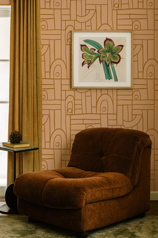 Deco Tile Wallpaper, peach and mustard