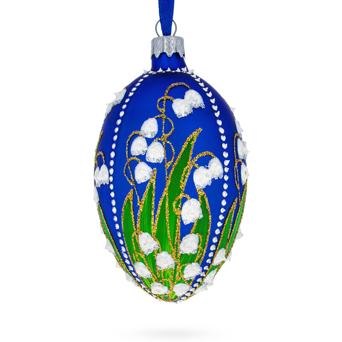 1898 Lilies of the Valley Royal in Blue Egg Glass Egg Christmas Ornament 4 Inches