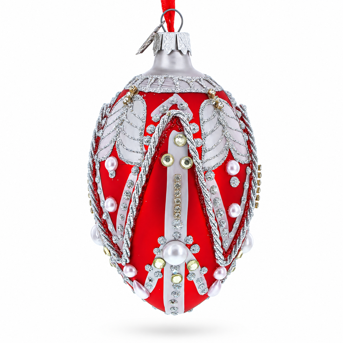 Silver Ropes on Red Glass Egg Christmas Ornament 4 Inches