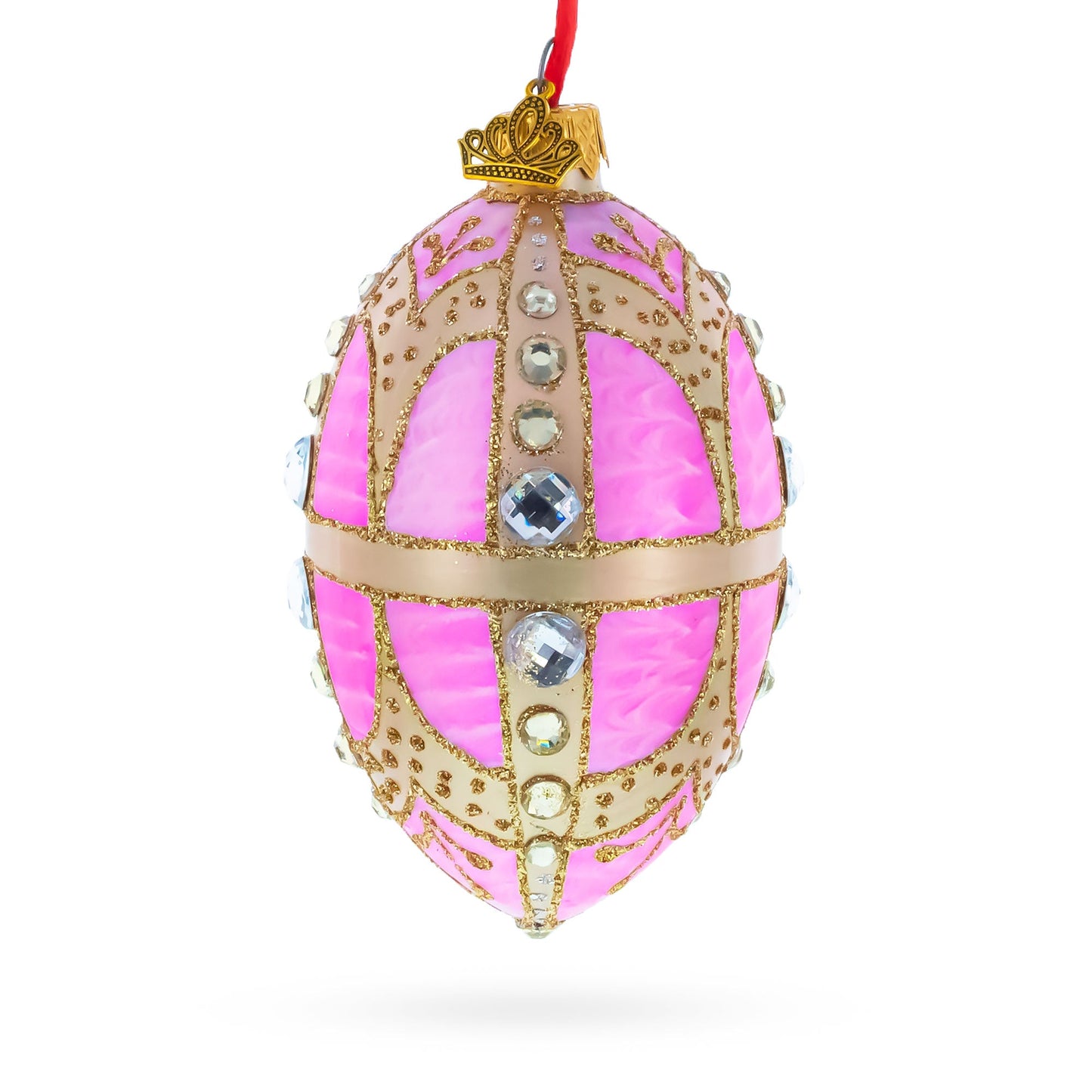 Diamonds on Gold and Pink Glass Egg Ornament 4 Inches
