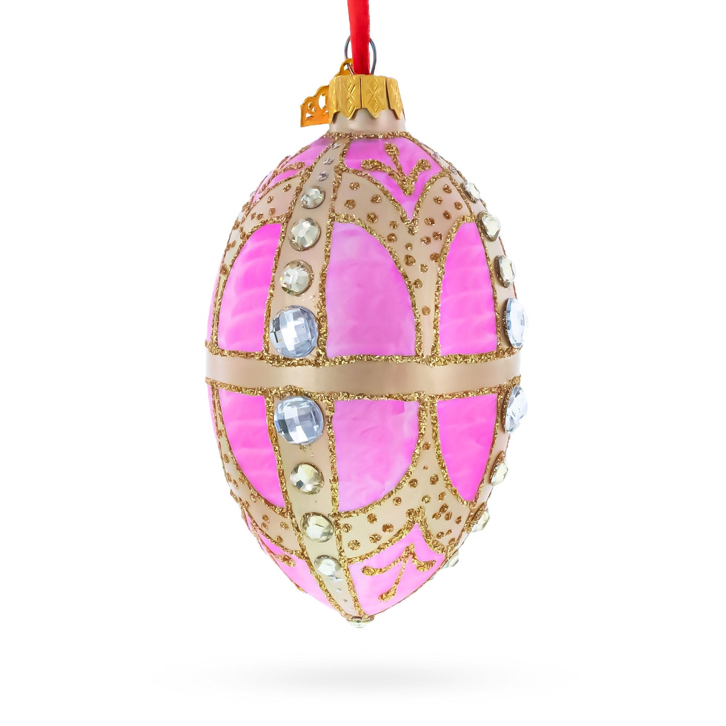 Diamonds on Gold and Pink Glass Egg Ornament 4 Inches