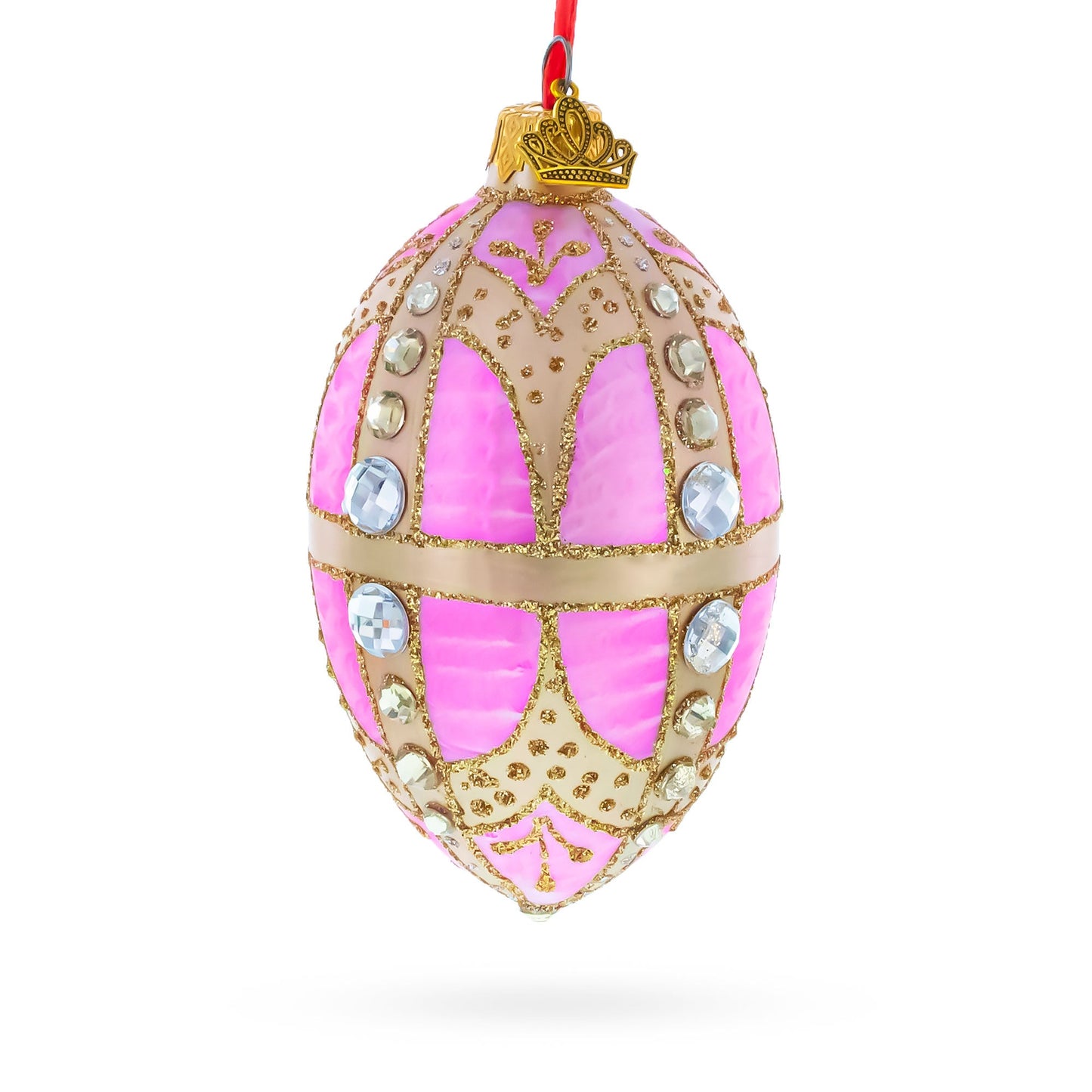 Diamonds on Gold and Pink Glass Egg Ornament 4 Inches