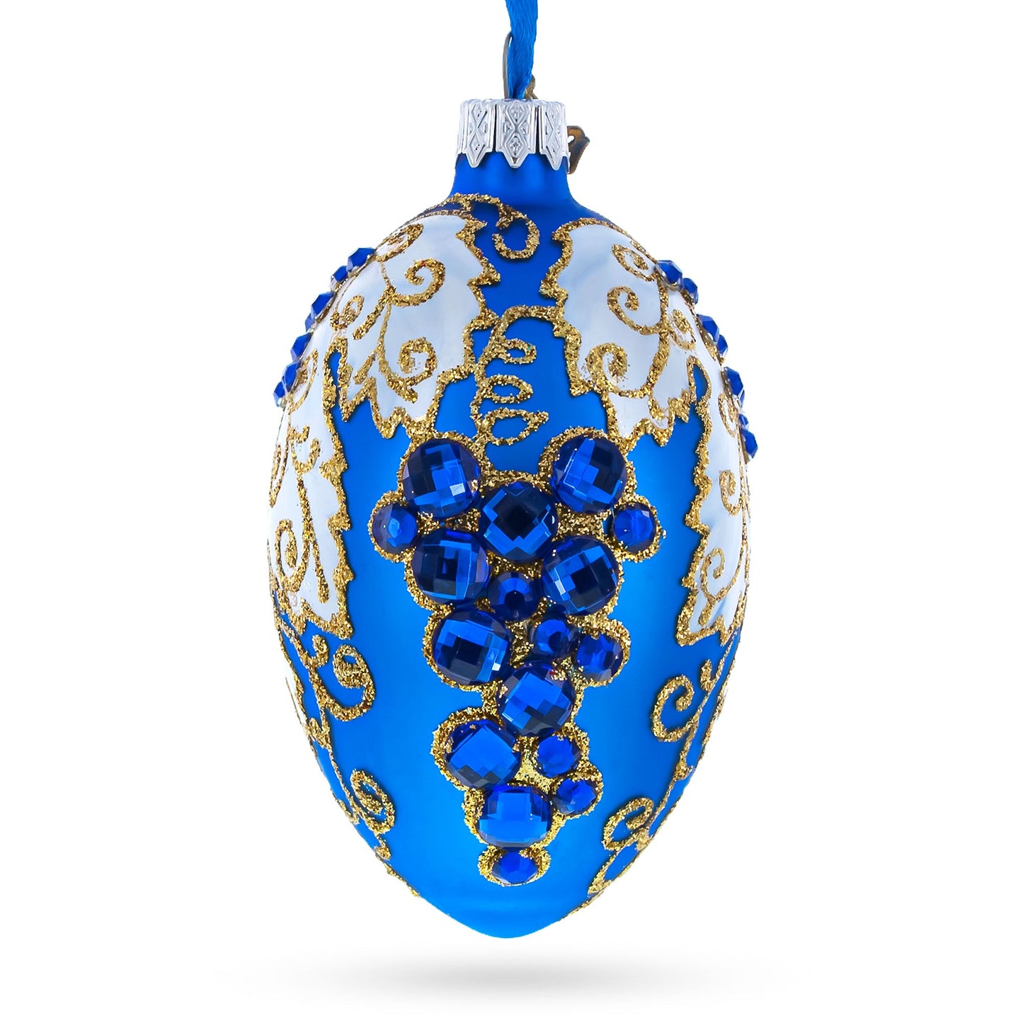 Blue Grapes on White Glass Egg Ornament 4 Inches
