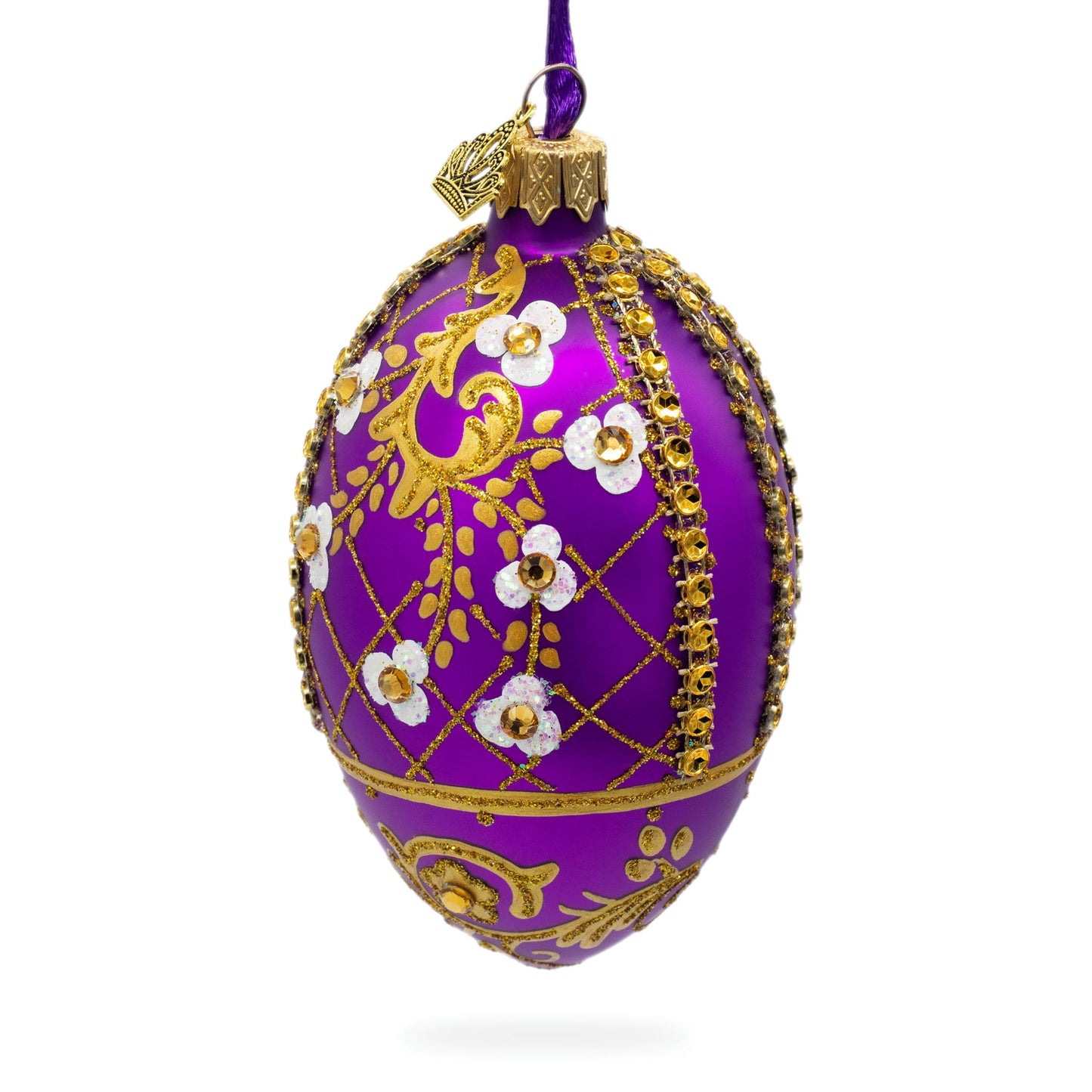 White Flowers on Purple Lattice Glass Egg Ornament 4 Inches