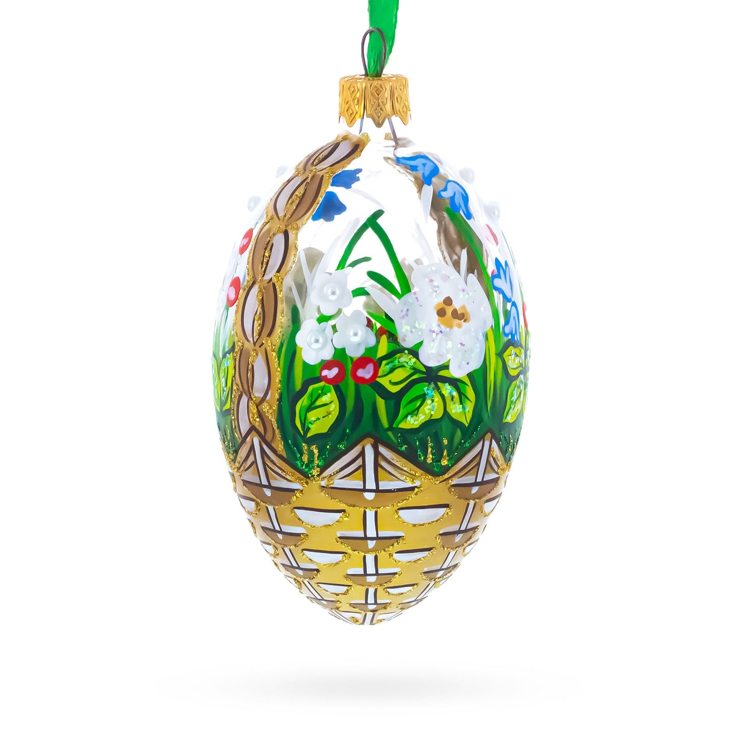 Summer Flowers Basket Glass Egg Ornament 4 Inches