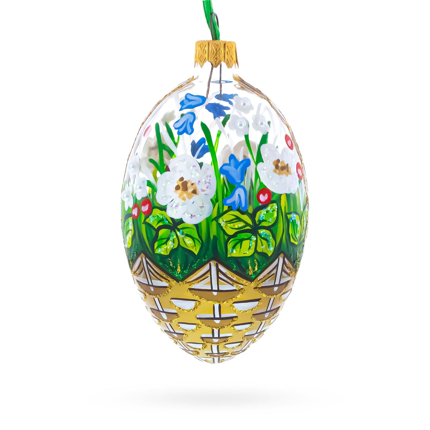 Summer Flowers Basket Glass Egg Ornament 4 Inches