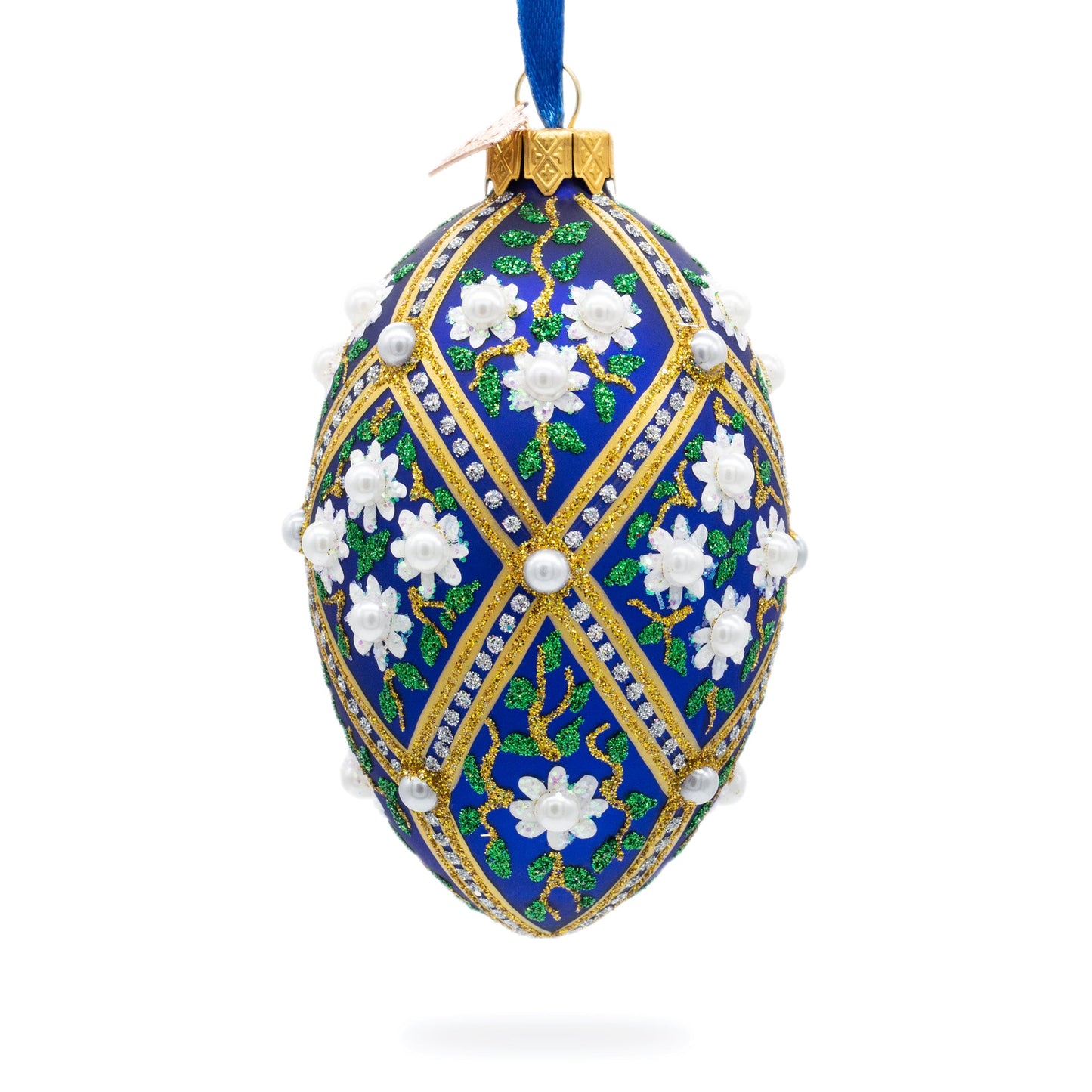 White Pearl Flowers on Blue Glass Egg Ornament 4 Inches