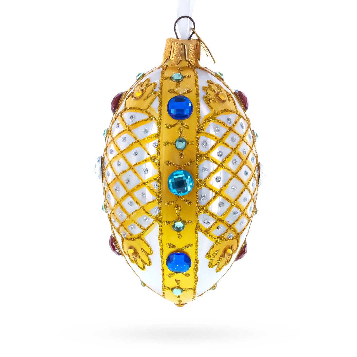 Multicolored Jewels on White Glass Egg Ornament 4 Inches