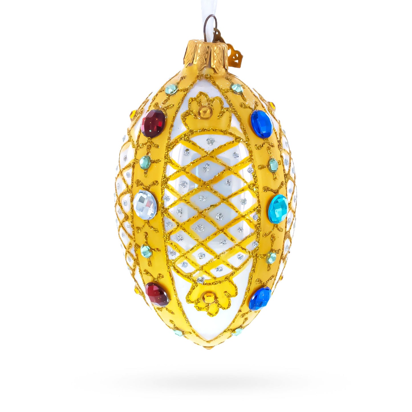 Multicolored Jewels on White Glass Egg Ornament 4 Inches