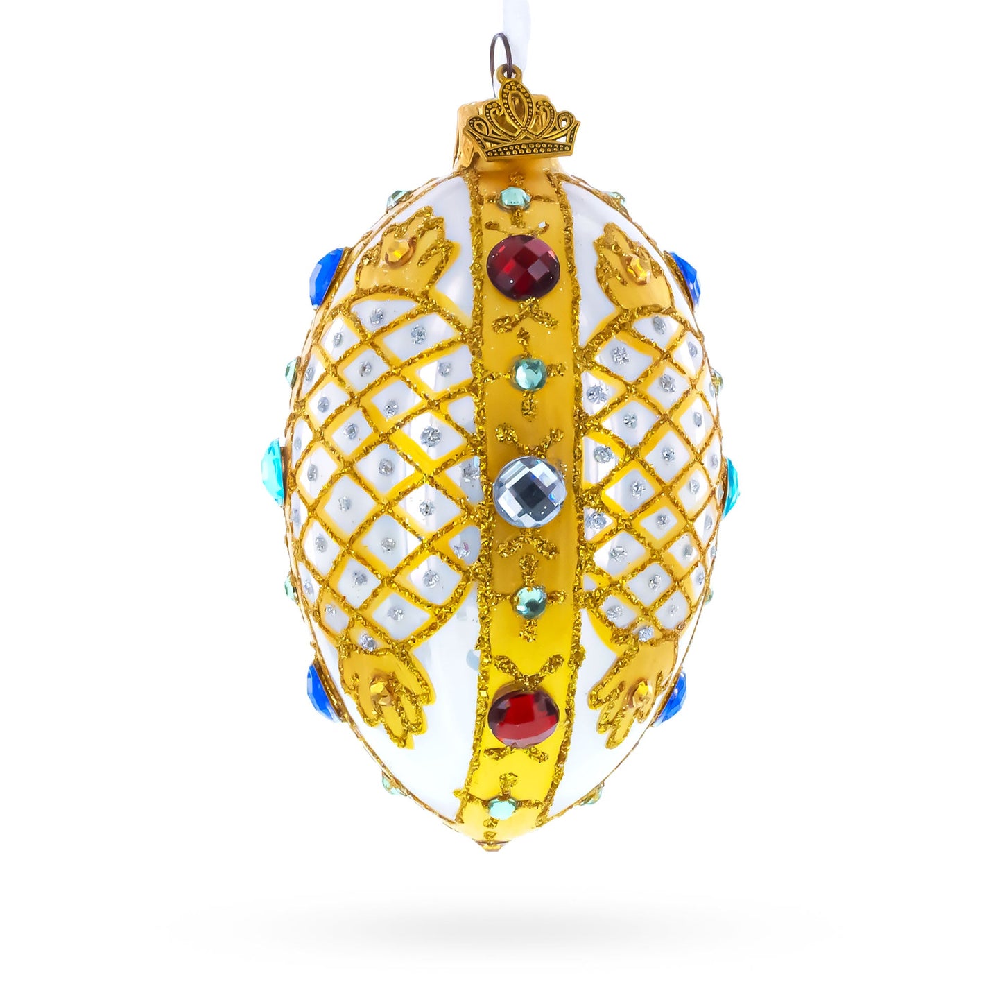 Multicolored Jewels on White Glass Egg Ornament 4 Inches