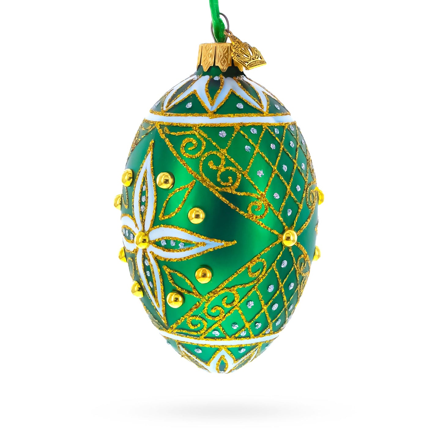 Jeweled White Star on Green Glass Egg Ornament 4 Inches