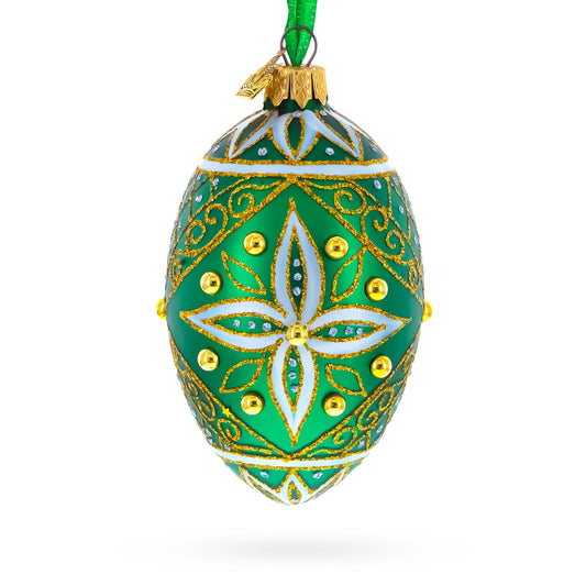 Jeweled White Star on Green Glass Egg Ornament 4 Inches