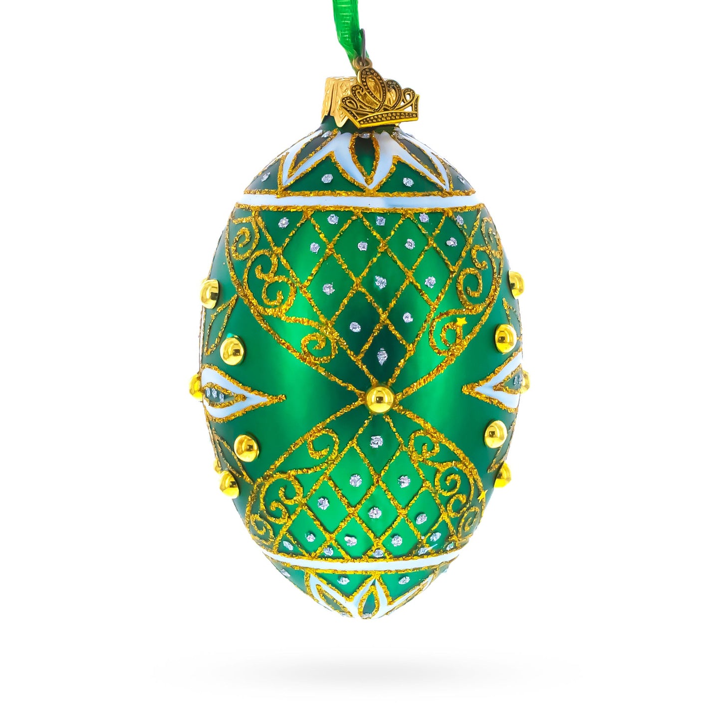 Jeweled White Star on Green Glass Egg Ornament 4 Inches