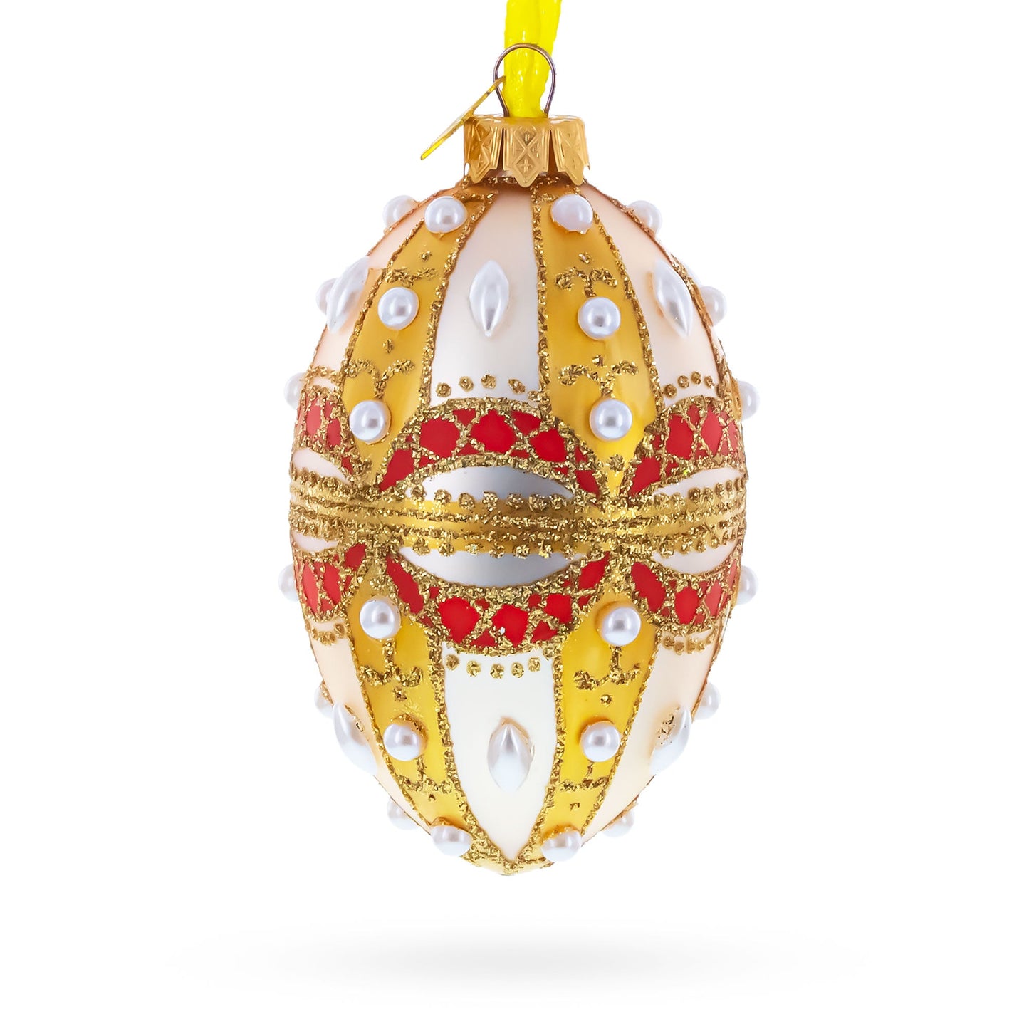 Pearls on Gold and White Glass Egg Ornament 4 Inches