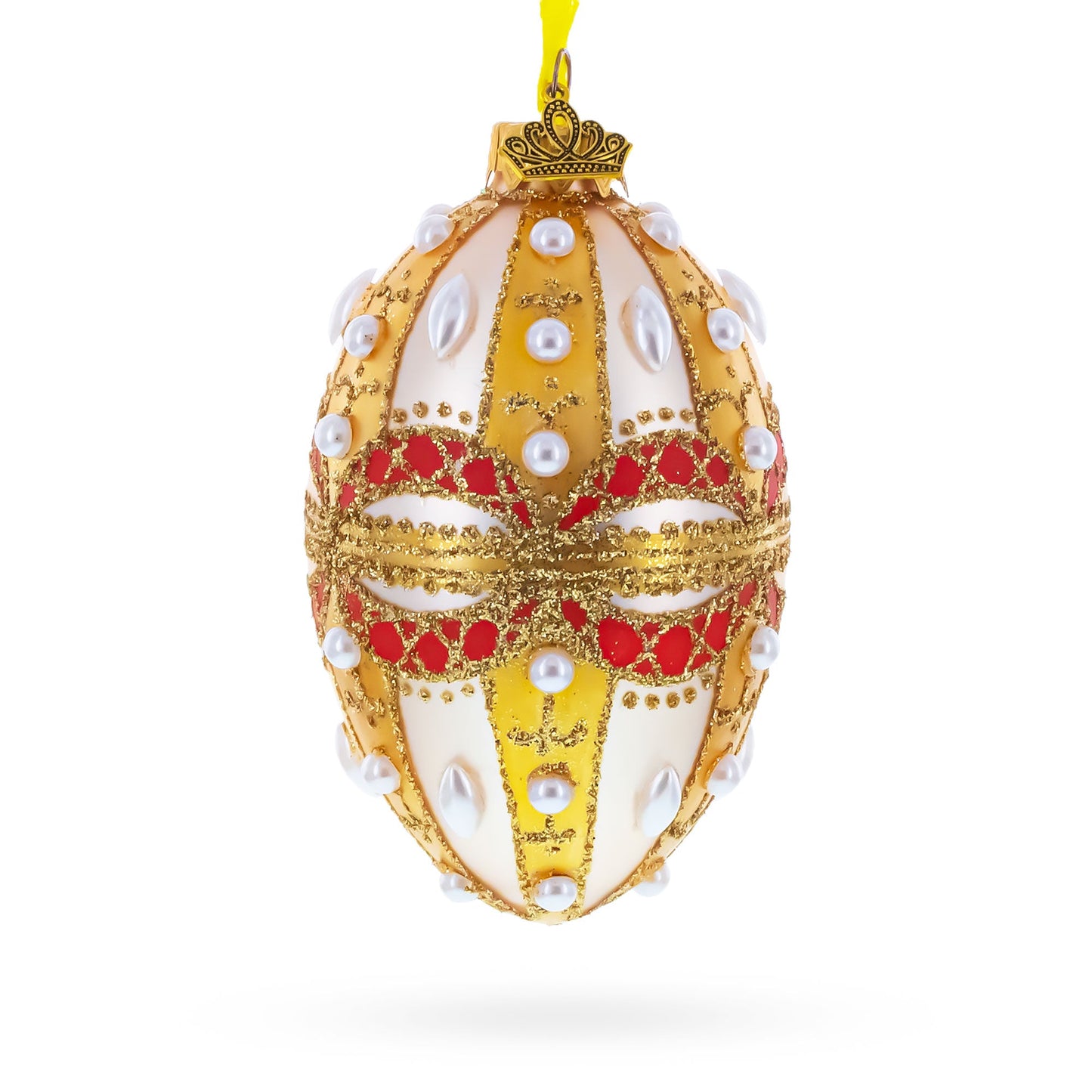 Pearls on Gold and White Glass Egg Ornament 4 Inches