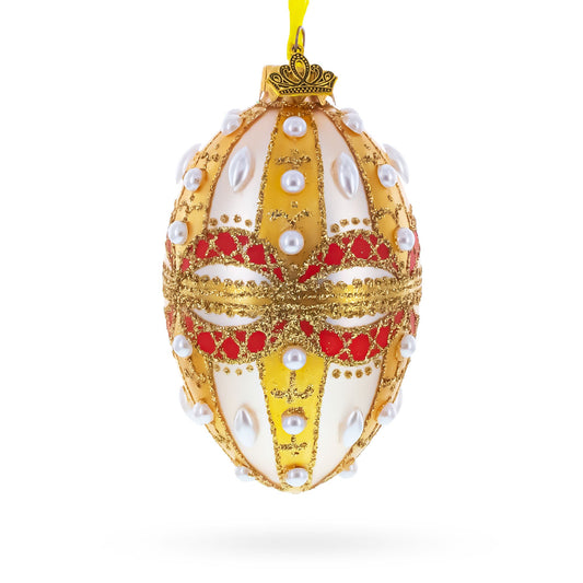 Pearls on Gold and White Glass Egg Ornament 4 Inches